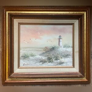 Lighthouse Seascape Painting with Gold Frame